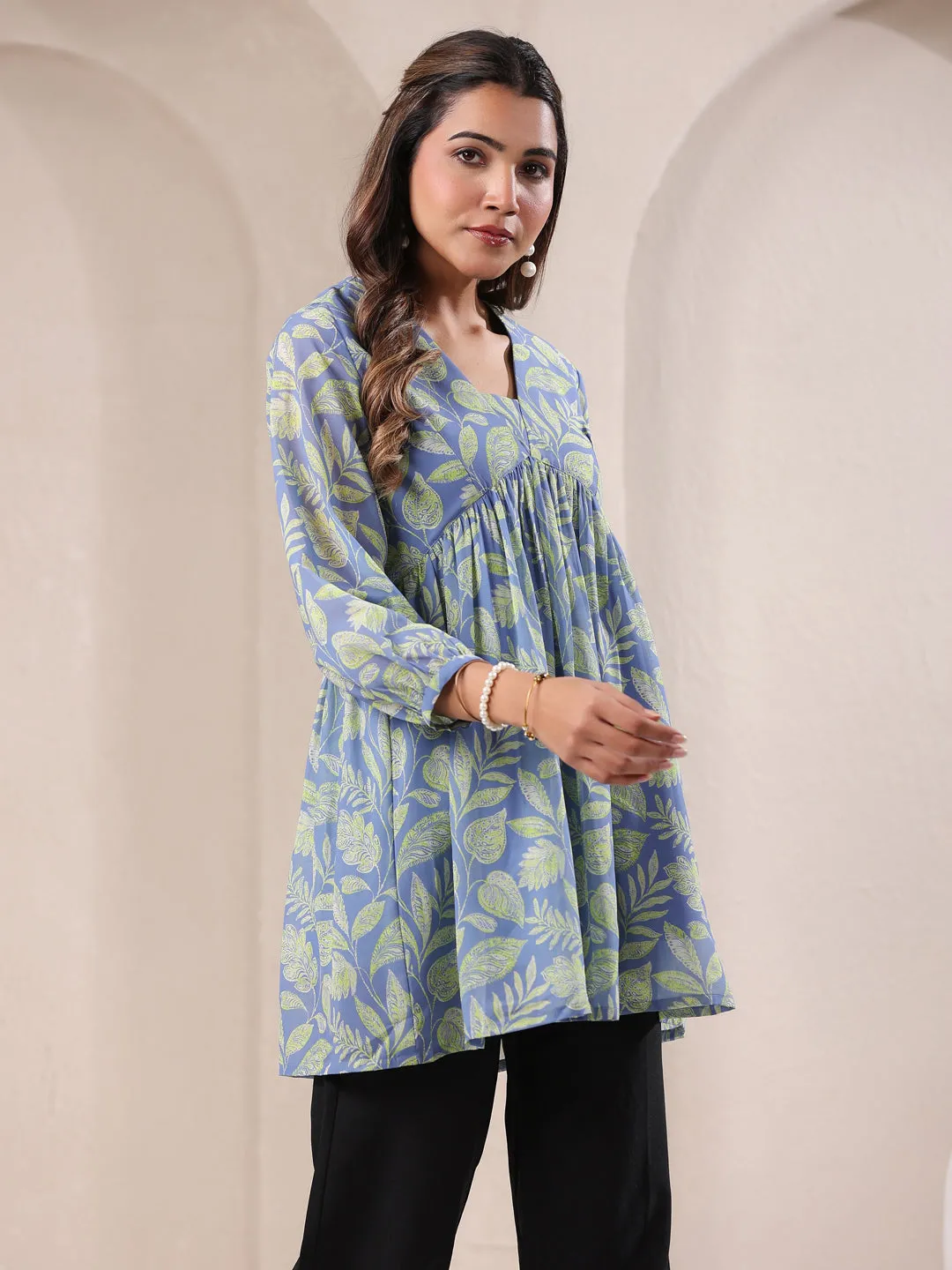 Light Blue Georgette Tropical Printed A-Line Tunic  - By Janasya