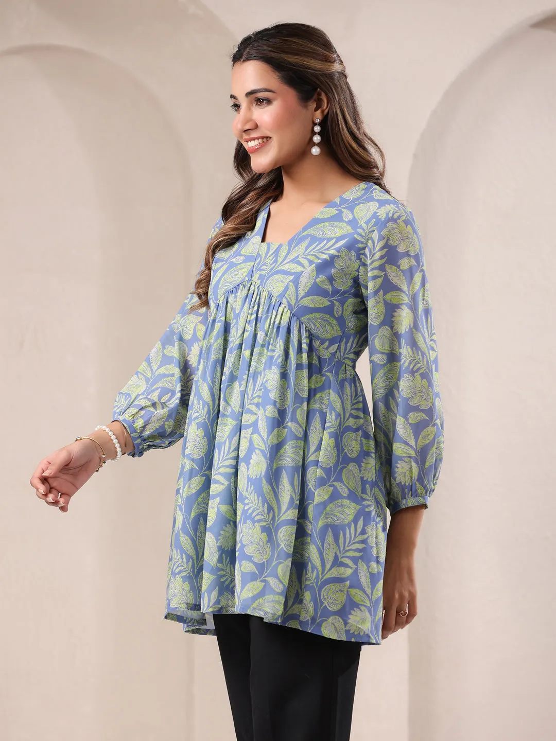 Light Blue Georgette Tropical Printed A-Line Tunic  - By Janasya