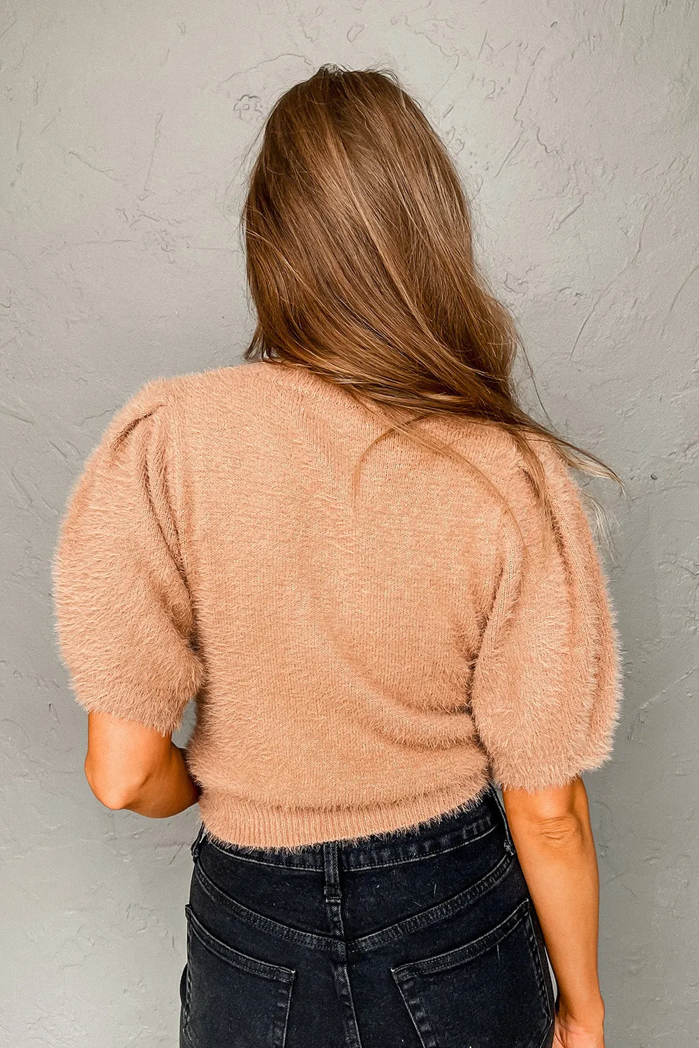 Light French Beige Fuzzy Short Sleeve Sweater