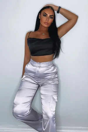 Lilac Satin Straight Leg Cargo Trousers - Harlyn