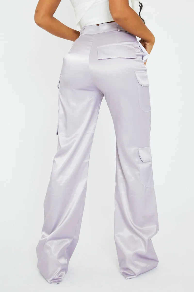 Lilac Satin Straight Leg Cargo Trousers - Harlyn