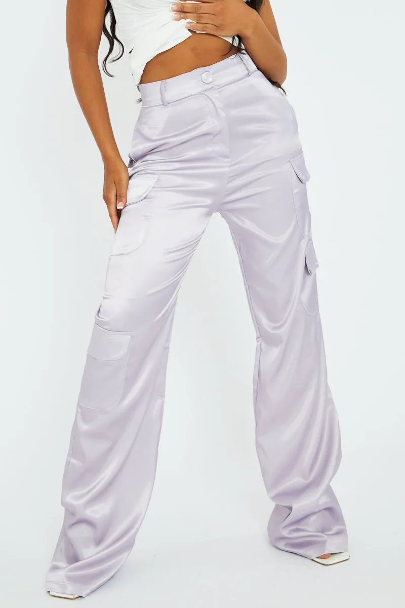 Lilac Satin Straight Leg Cargo Trousers - Harlyn