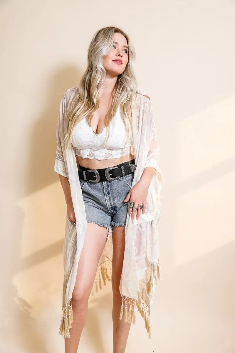 Lilac Velvet Burnout Kimono with Tapestry Pattern and Tassel