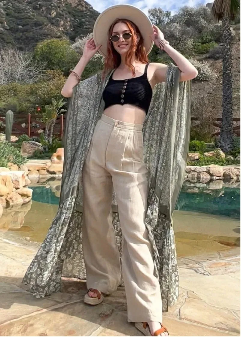 Long Kimono Cardigan with Bohemian Accent Paisley Pattern Ruffle Hem Long Cover Up Light Gray for Spring summer