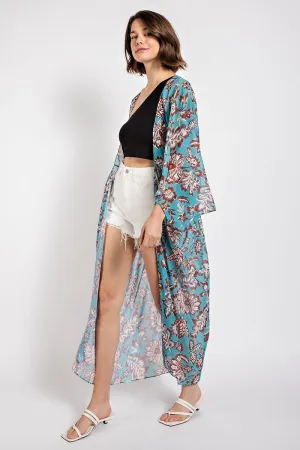 Long Sleeves Flower Kimono Duster