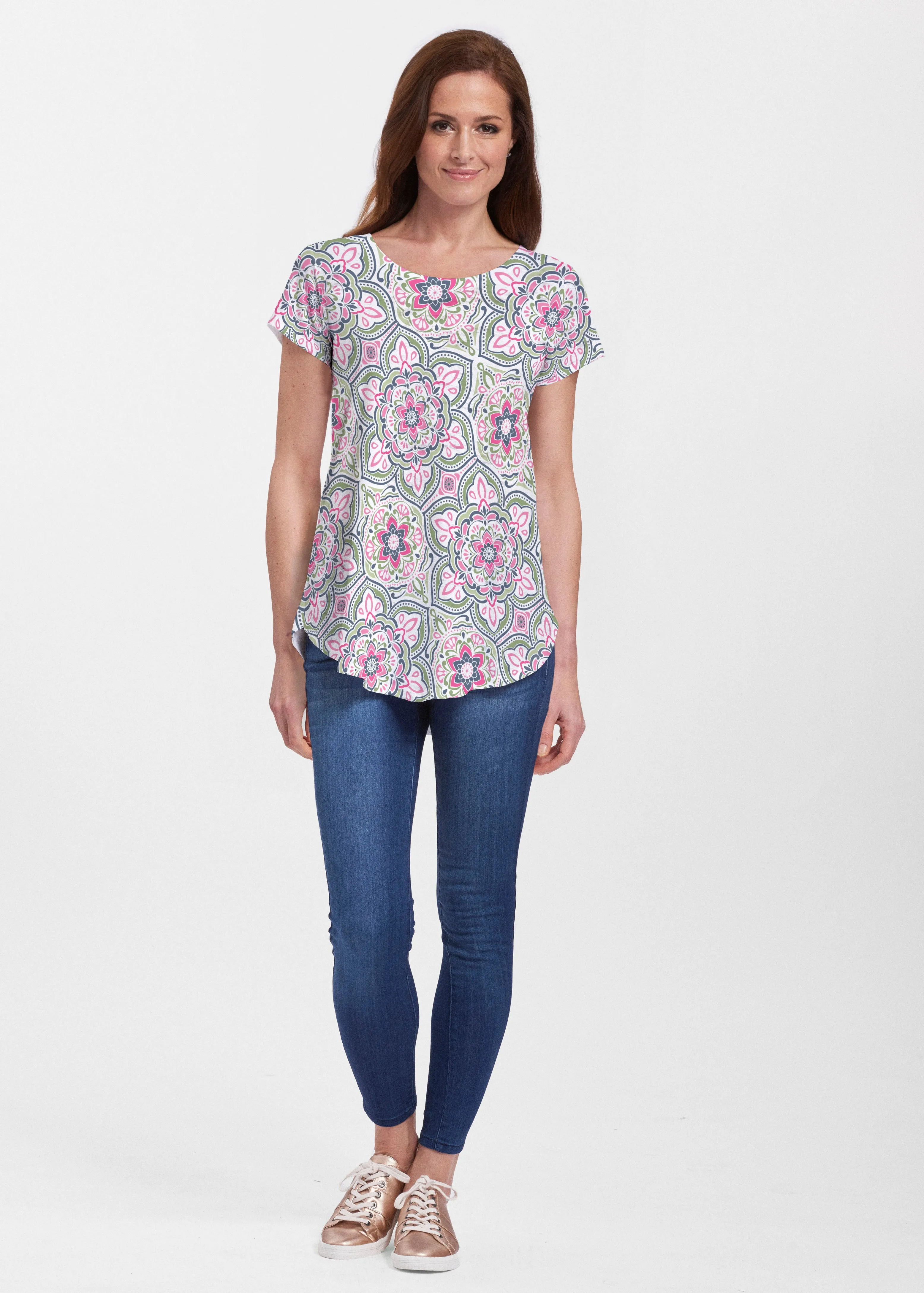 Mandala Geo Blue (13503) ~ Short Sleeve Scoop Neck Flowy Tunic
