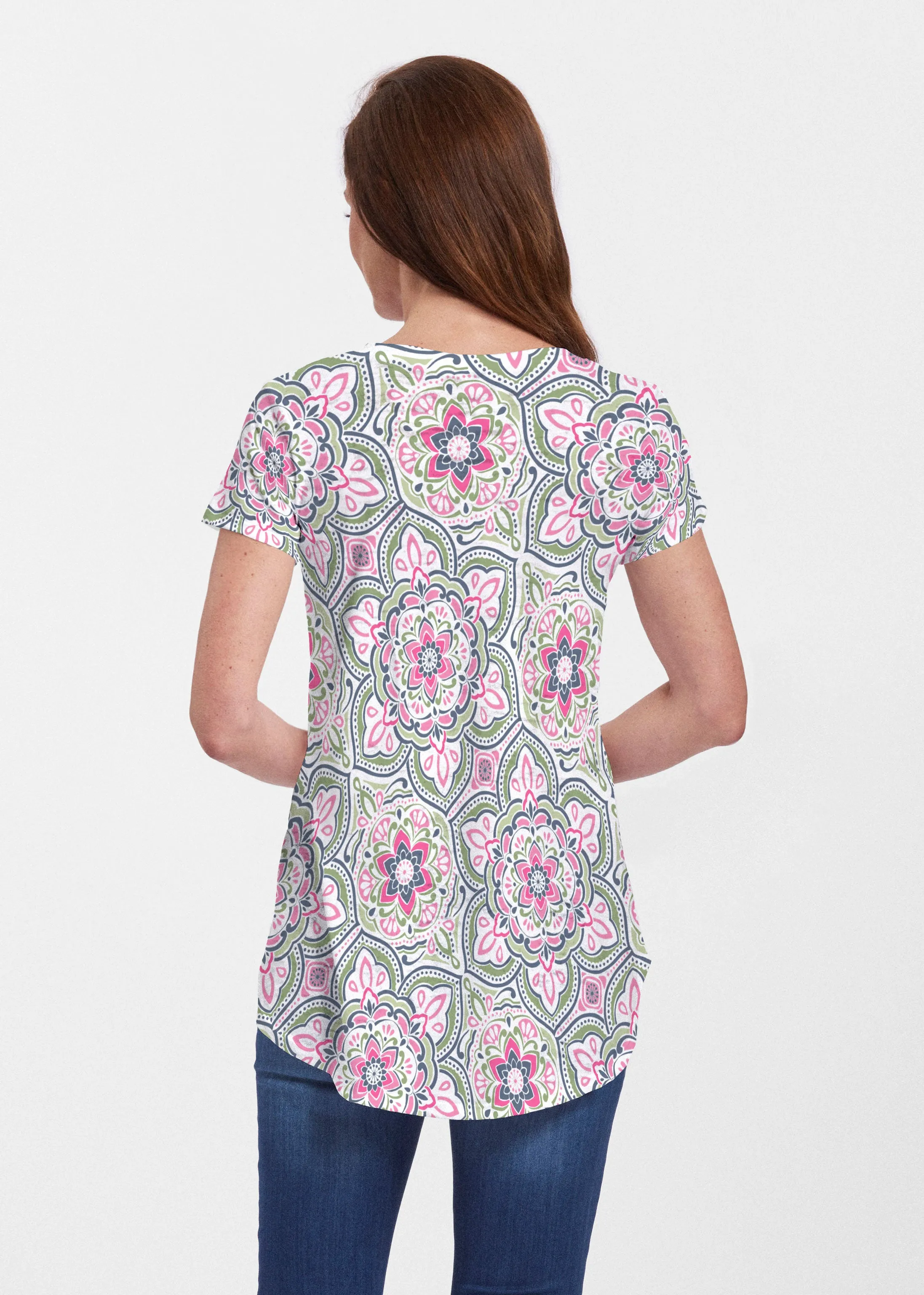 Mandala Geo Blue (13503) ~ Short Sleeve Scoop Neck Flowy Tunic
