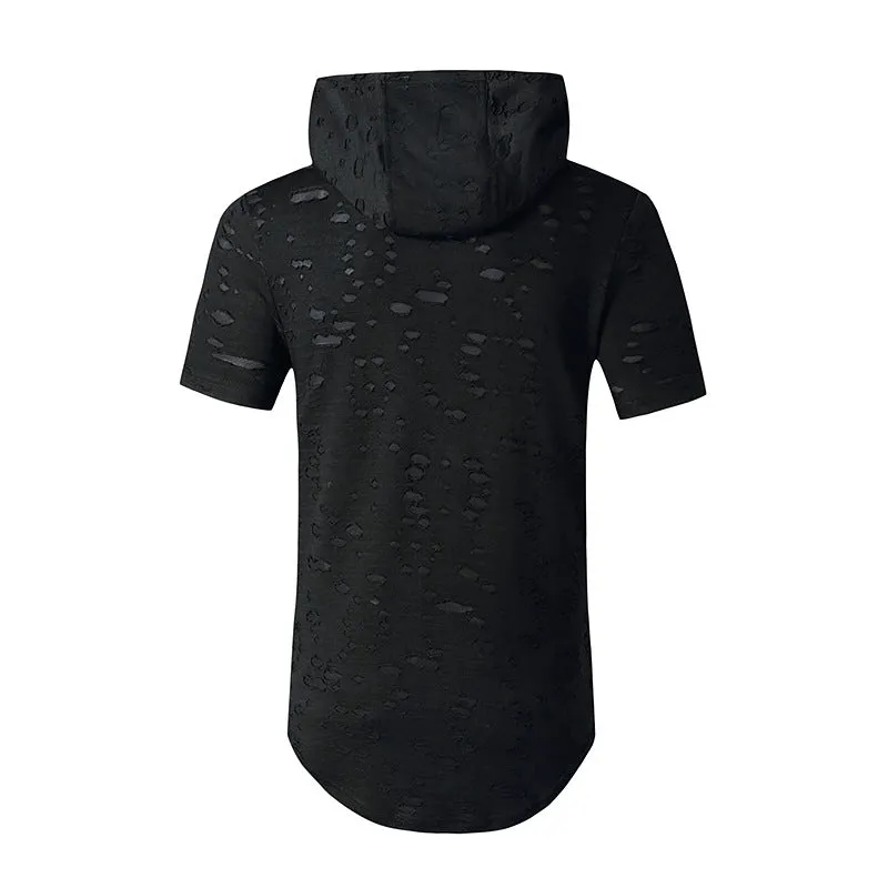 Men's Trend-Setters Hip-Hop Holes Long Hooded Round Neck T-shirt