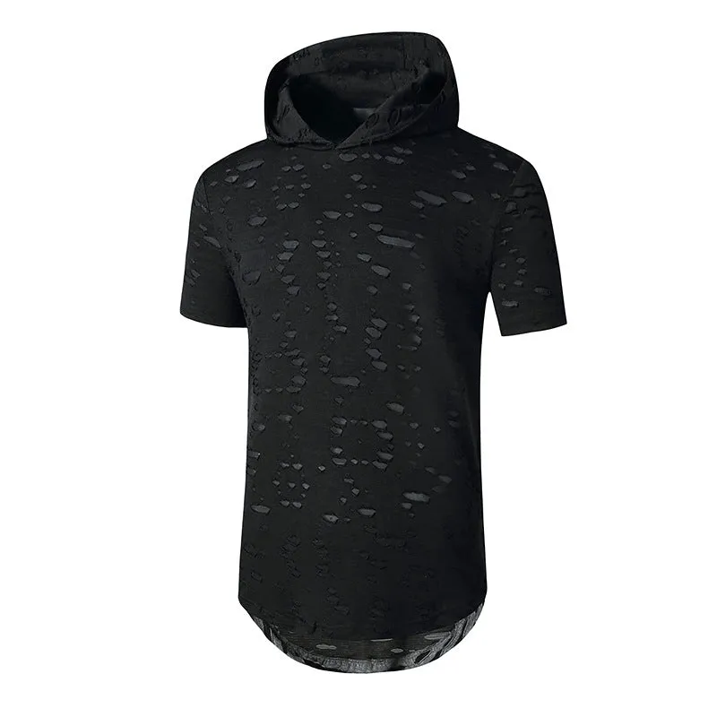 Men's Trend-Setters Hip-Hop Holes Long Hooded Round Neck T-shirt
