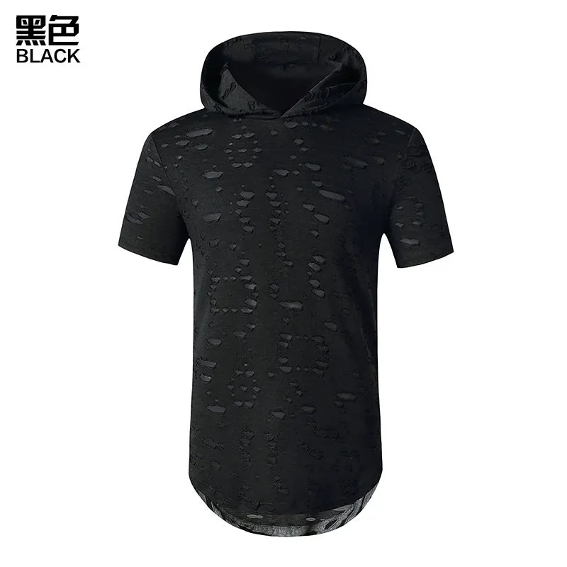 Men's Trend-Setters Hip-Hop Holes Long Hooded Round Neck T-shirt