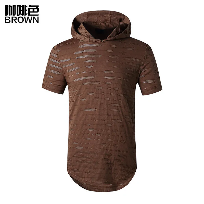 Men's Trend-Setters Hip-Hop Holes Long Hooded Round Neck T-shirt