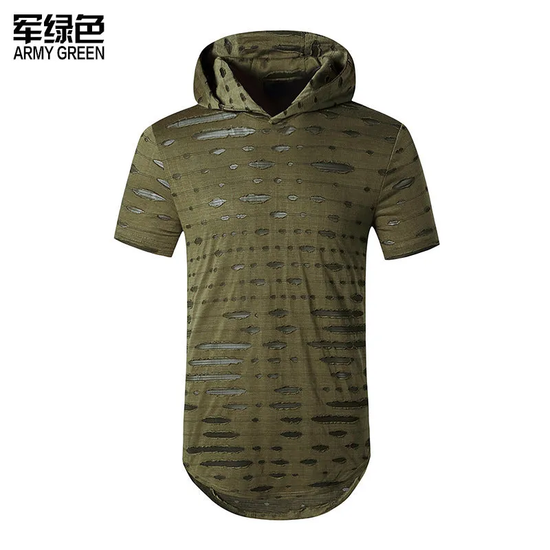 Men's Trend-Setters Hip-Hop Holes Long Hooded Round Neck T-shirt