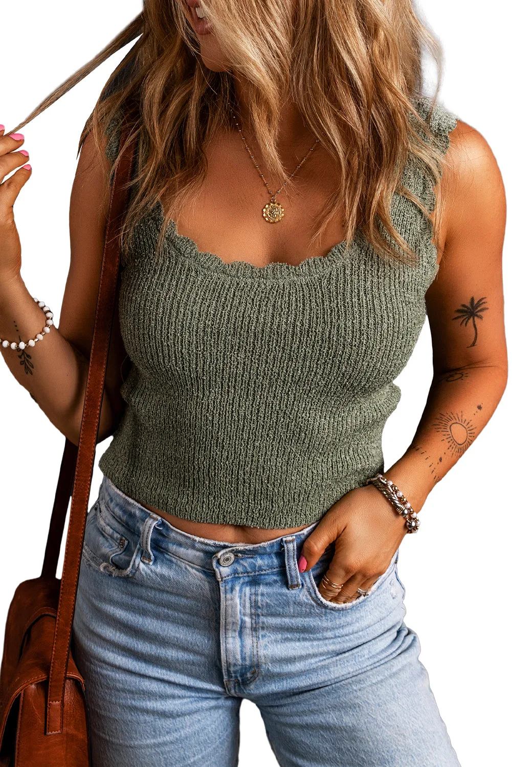 Mist Green U Neck Scallop Trim Sweater Vest