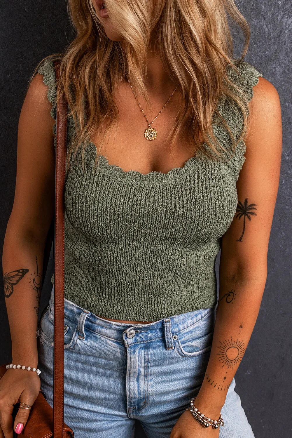 Mist Green U Neck Scallop Trim Sweater Vest