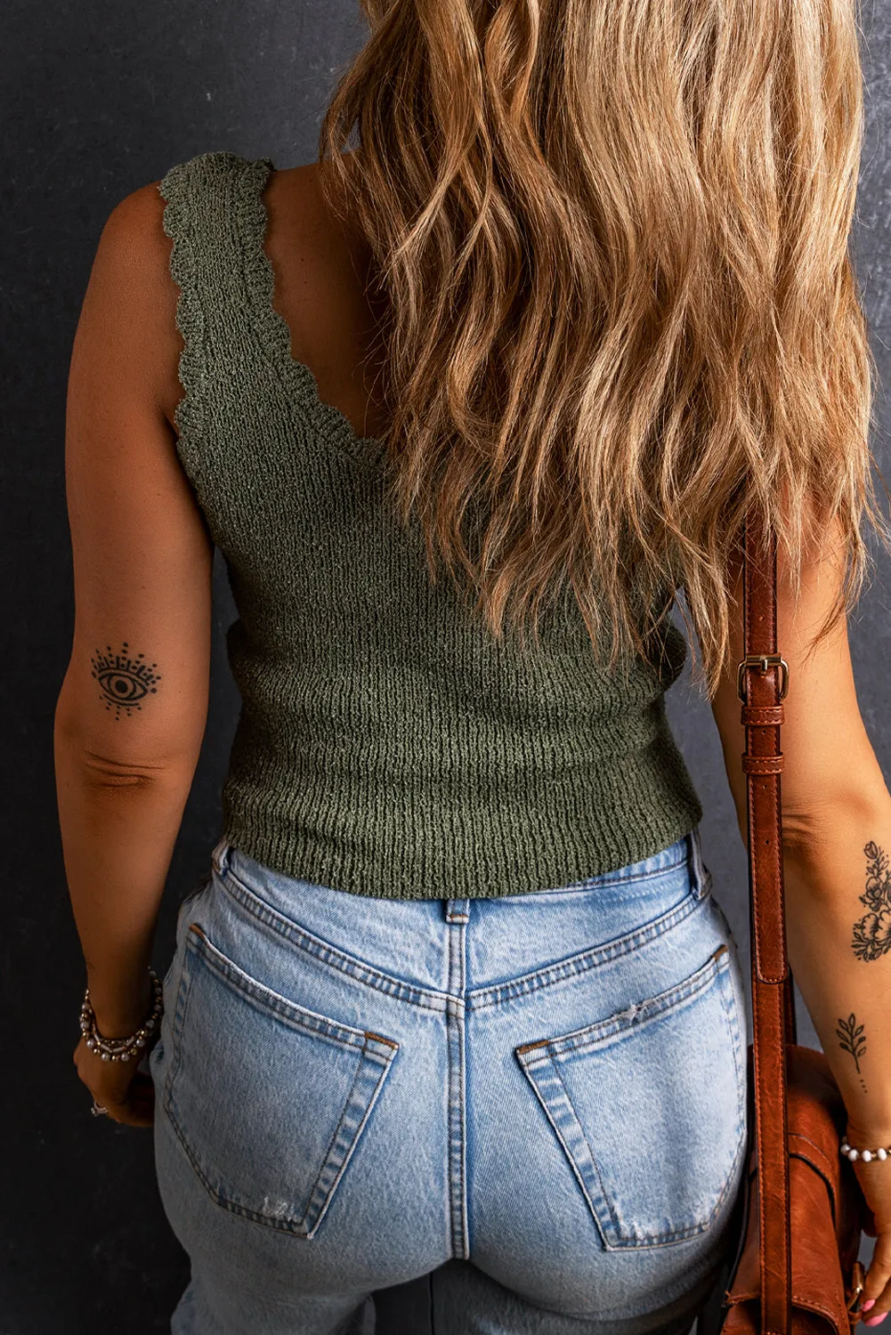 Mist Green U Neck Scallop Trim Sweater Vest