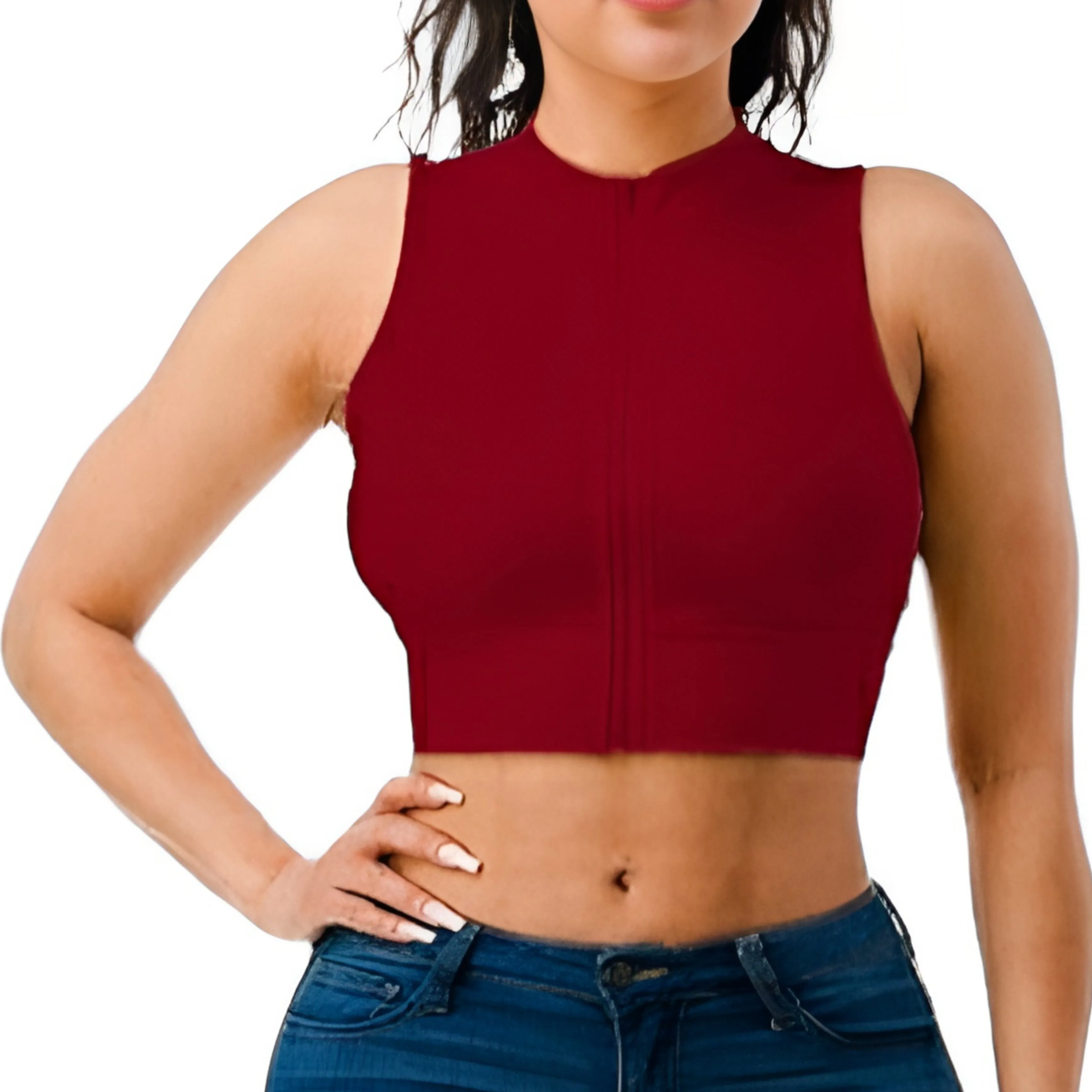 Mock Neck Crop Sport Tank Top w/ Front Zip