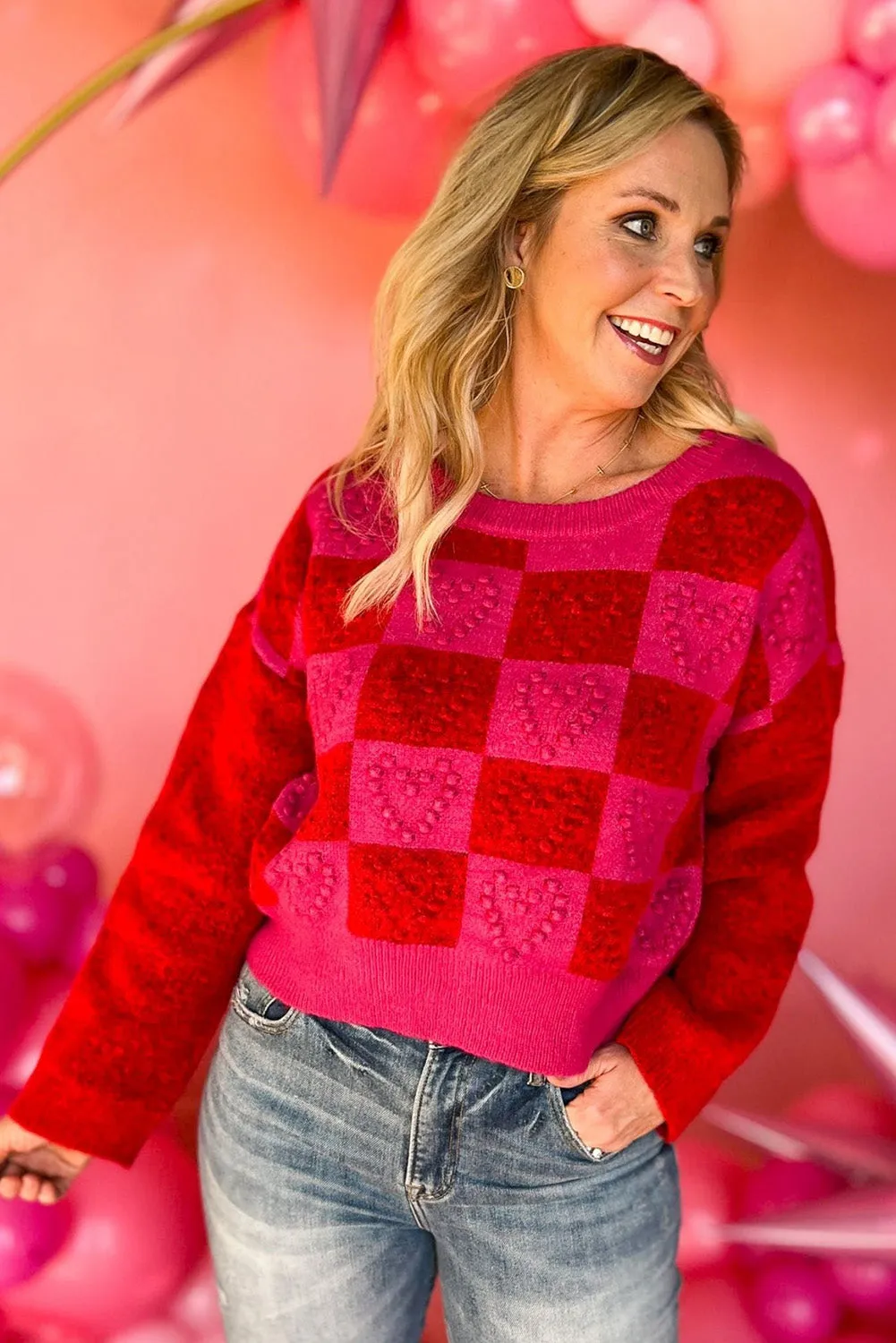 Multicolor Checkered Pattern Heart Detail Textured Sweater