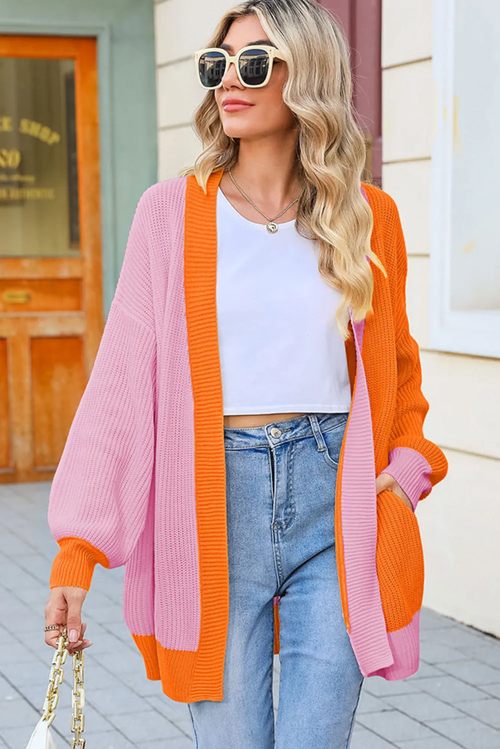 Multicolor Contrast Color Block Ribbed Trim Sweater Cardigan