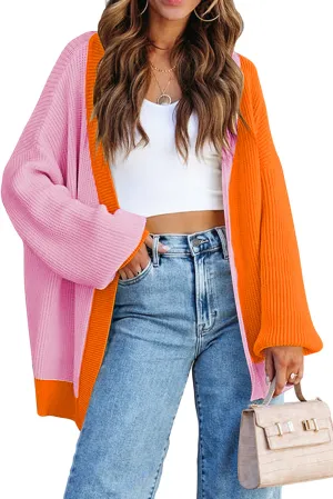 Multicolor Contrast Color Block Ribbed Trim Sweater Cardigan