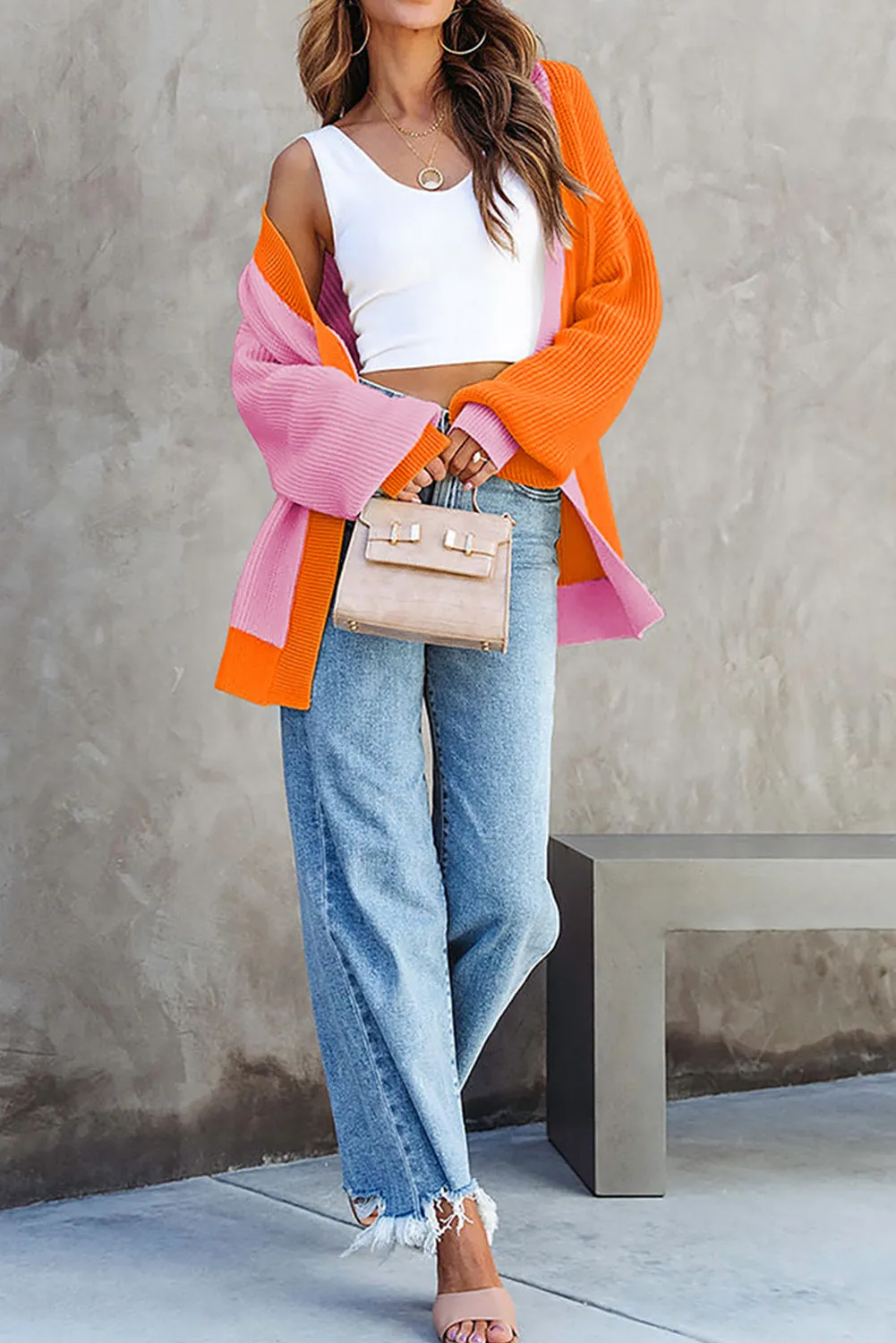 Multicolor Contrast Color Block Ribbed Trim Sweater Cardigan