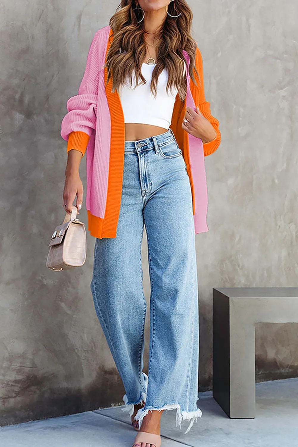 Multicolor Contrast Color Block Ribbed Trim Sweater Cardigan
