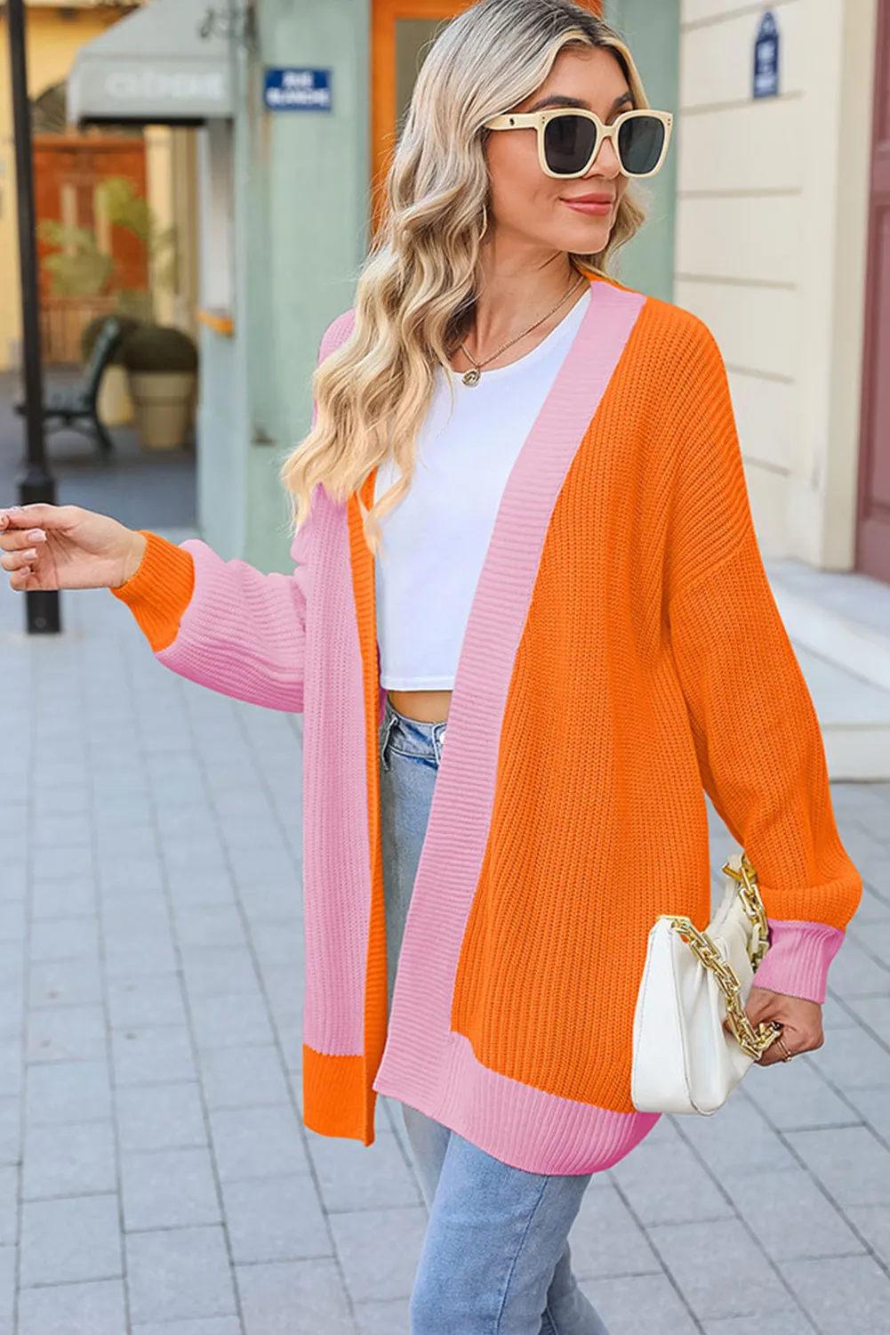 Multicolor Contrast Color Block Ribbed Trim Sweater Cardigan