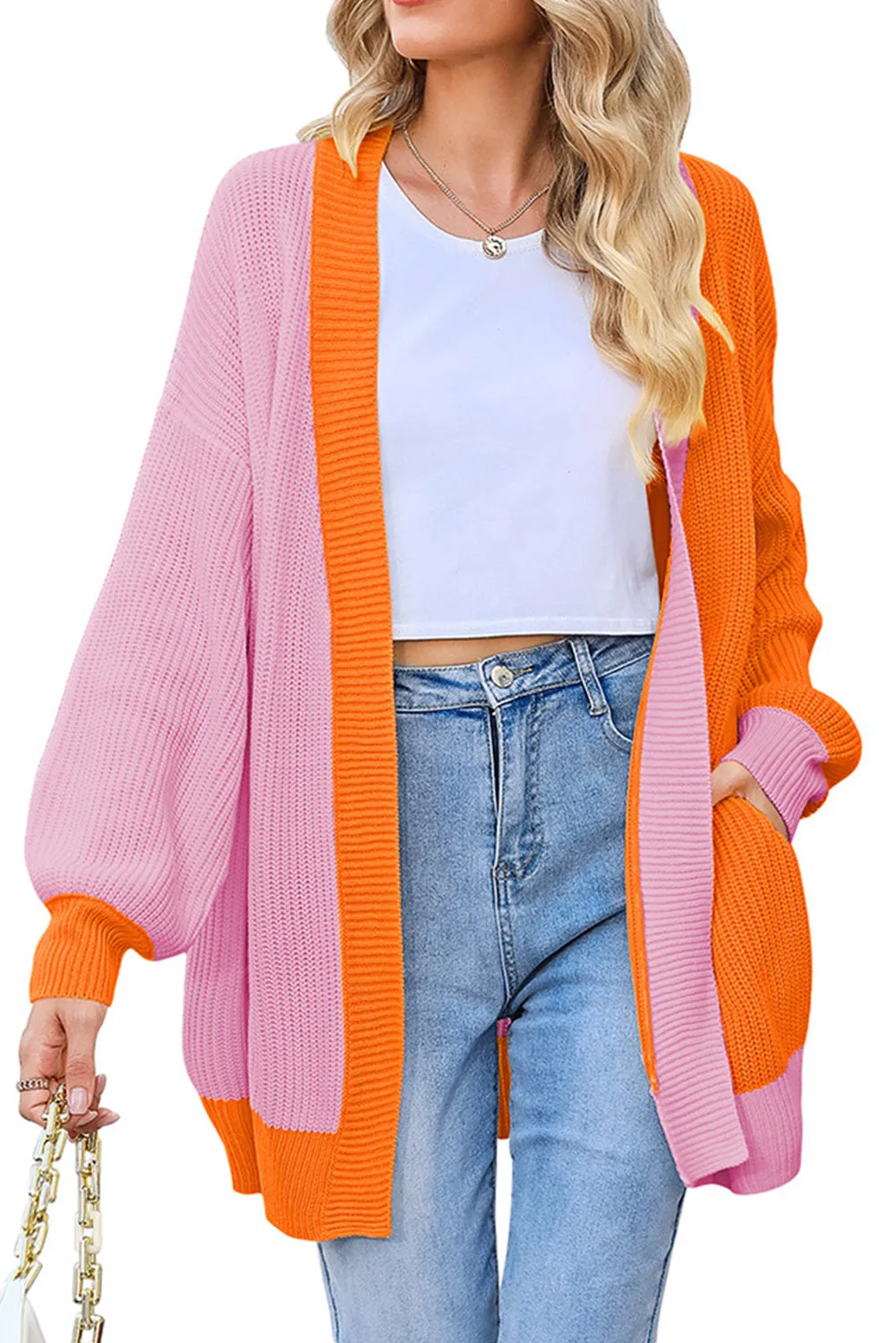 Multicolor Contrast Color Block Ribbed Trim Sweater Cardigan