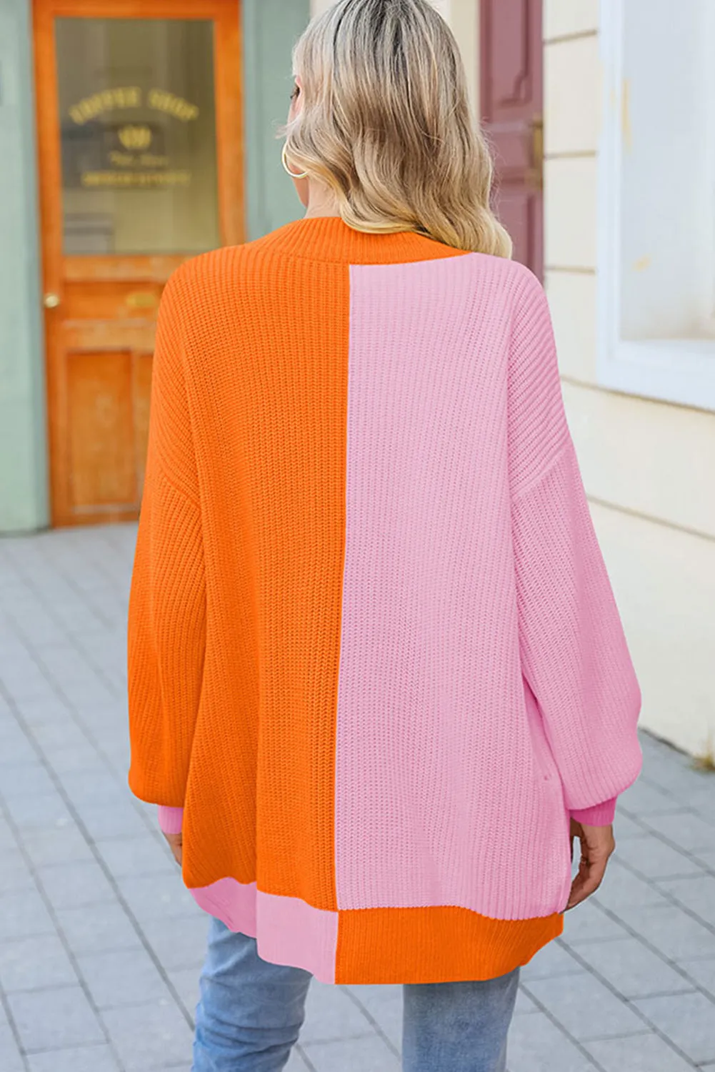 Multicolor Contrast Color Block Ribbed Trim Sweater Cardigan