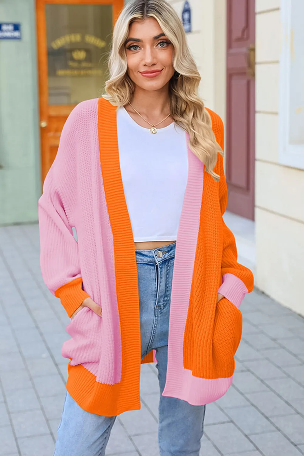 Multicolor Contrast Color Block Ribbed Trim Sweater Cardigan
