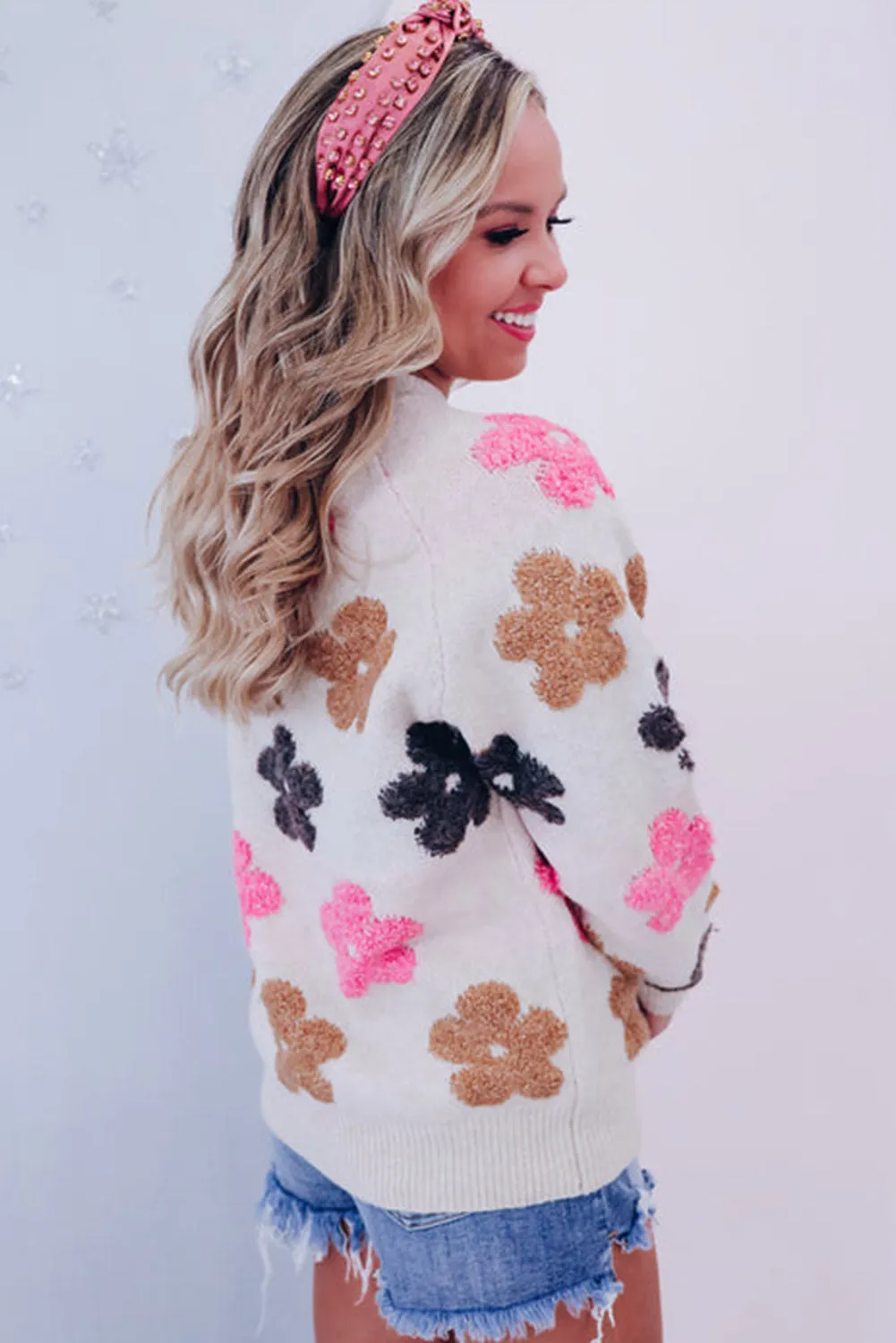 Multicolour Fuzzy Flower Embellished Pullover Sweater