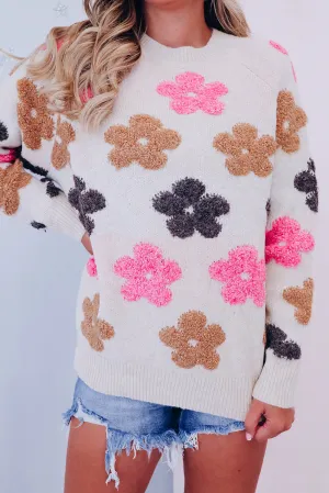Multicolour Fuzzy Flower Embellished Pullover Sweater