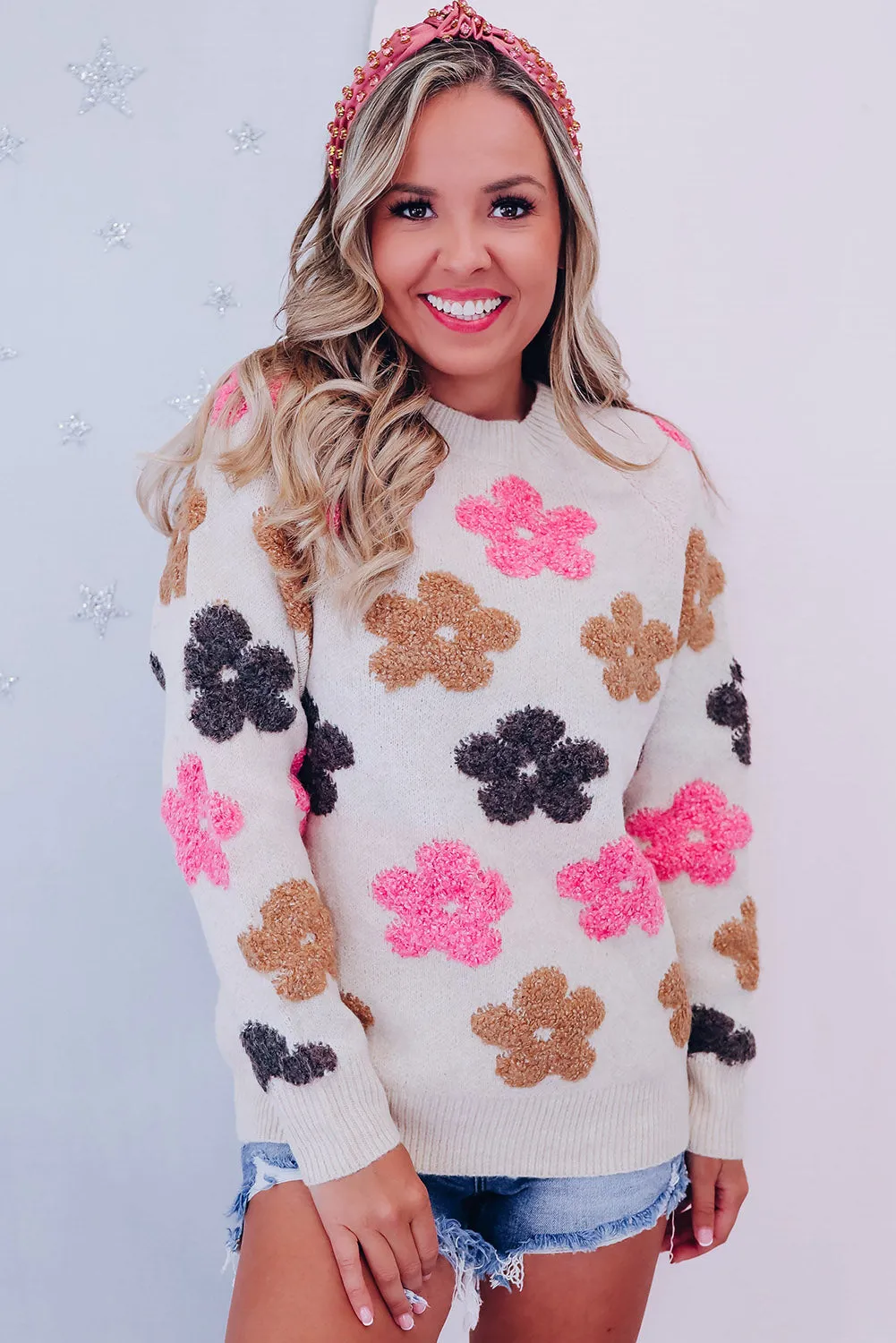 Multicolour Fuzzy Flower Embellished Pullover Sweater