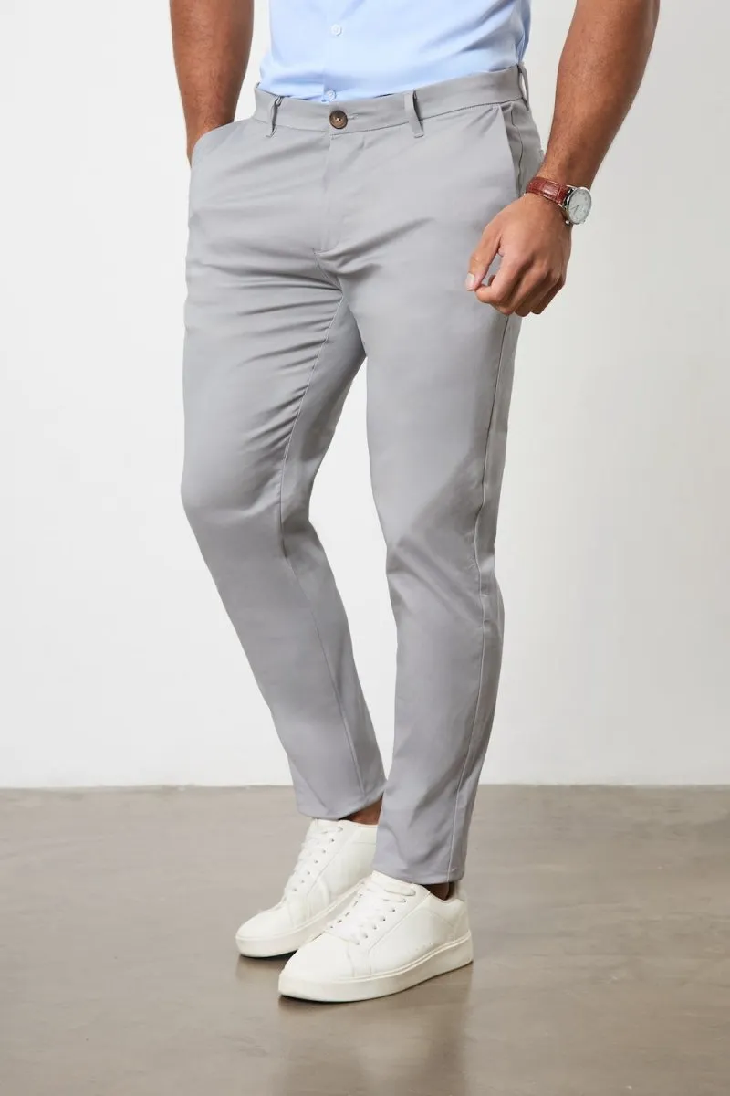 Muscle Fit Cotton Stretch Chino Trouser in Pale Grey