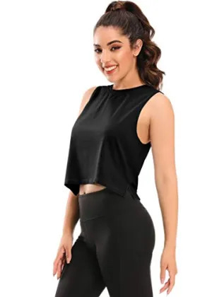 Muzniuer Womens Workout Crop Tops Sports Running Yoga Activewear High Neck Crop Tops Gym Apparel Athletic Muscle Tank Sleeveless Workout Shirts Cropped Tee Black-1 M