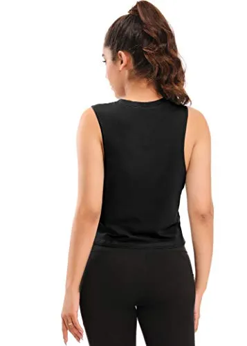 Muzniuer Womens Workout Crop Tops Sports Running Yoga Activewear High Neck Crop Tops Gym Apparel Athletic Muscle Tank Sleeveless Workout Shirts Cropped Tee Black-1 M