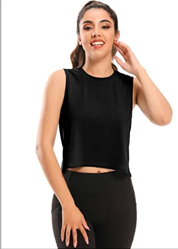 Muzniuer Womens Workout Crop Tops Sports Running Yoga Activewear High Neck Crop Tops Gym Apparel Athletic Muscle Tank Sleeveless Workout Shirts Cropped Tee Black-1 M