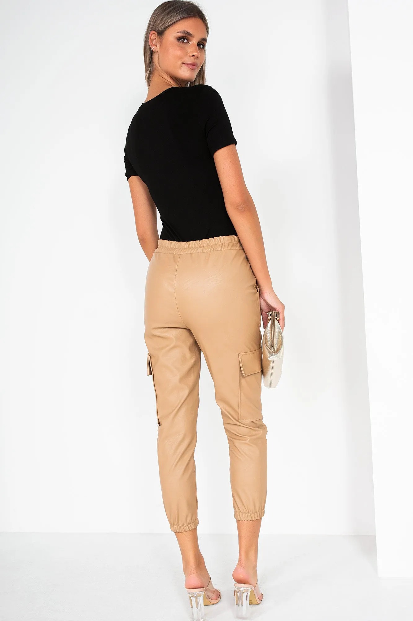 Nailah Camel Leather Look Cargo Trousers