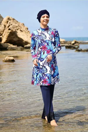 Navy Blue Patterned Fully Covered Hijab Swimsuit 1965