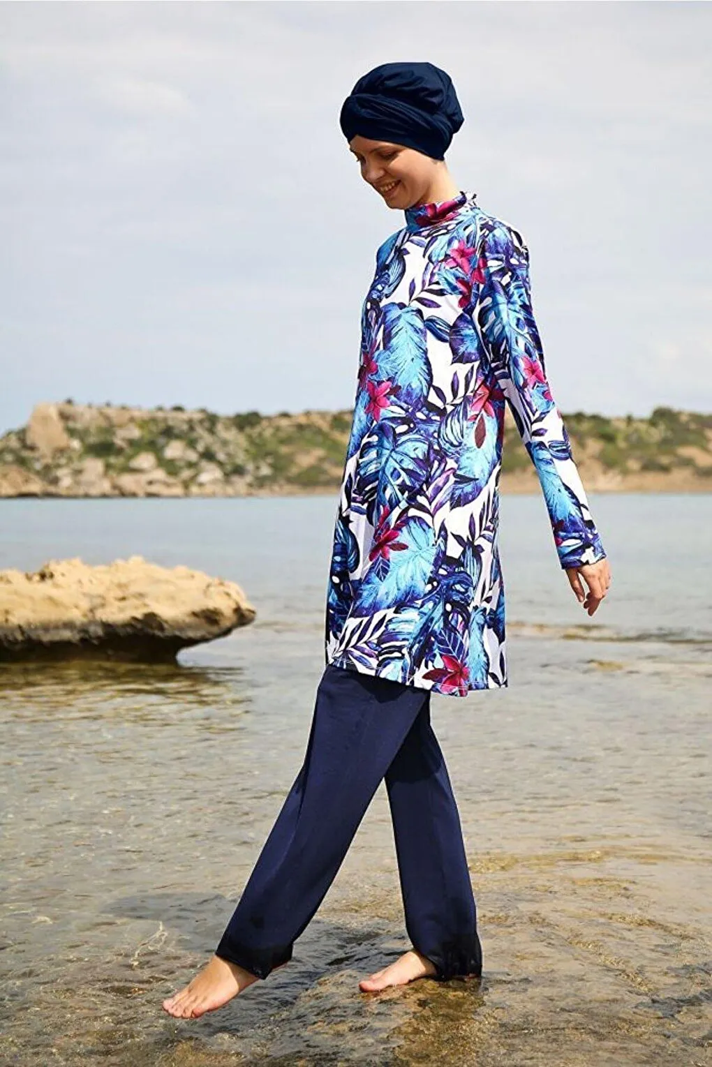 Navy Blue Patterned Fully Covered Hijab Swimsuit 1965