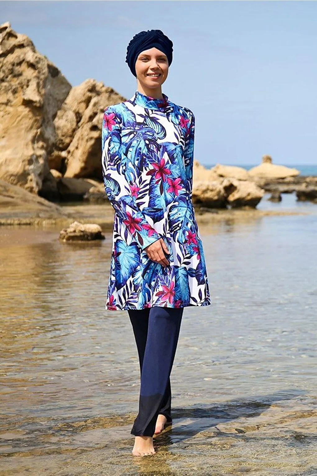 Navy Blue Patterned Fully Covered Hijab Swimsuit 1965