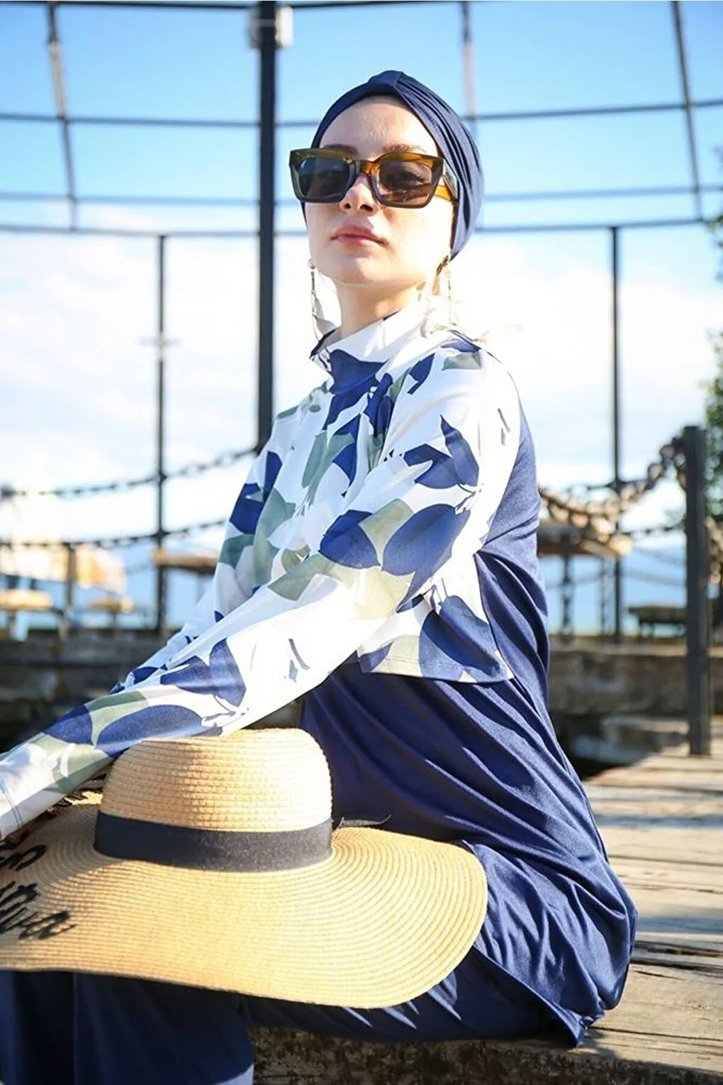 Navy Blue Patterned Fully Covered Hijab Swimsuit 1972