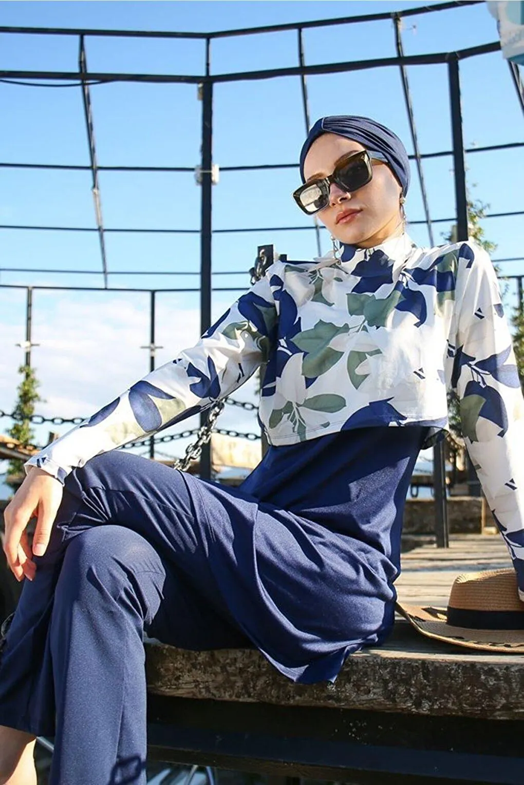 Navy Blue Patterned Fully Covered Hijab Swimsuit 1972