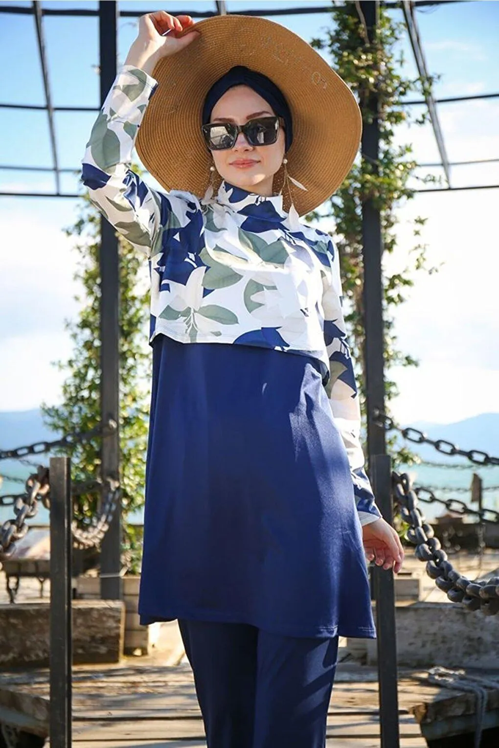 Navy Blue Patterned Fully Covered Hijab Swimsuit 1972