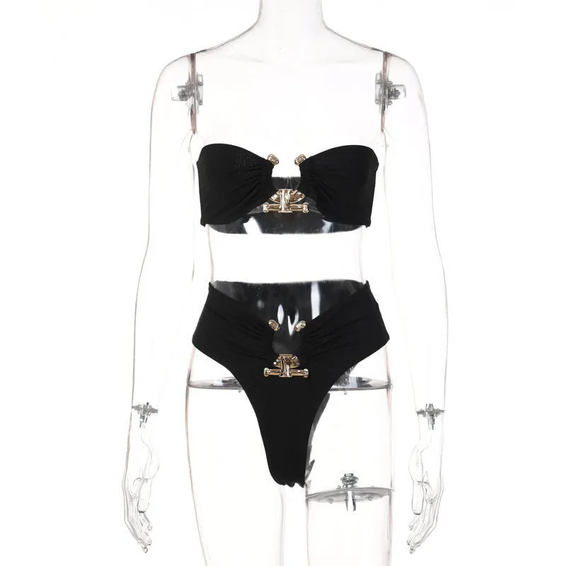 New solid color stitched double-breasted swimsuit