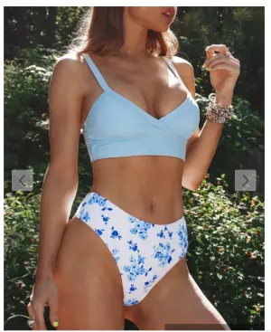 New ZAFUL Floral Surplice High Cut Tankini Swimsuit - Light Blue, Sz XXL!