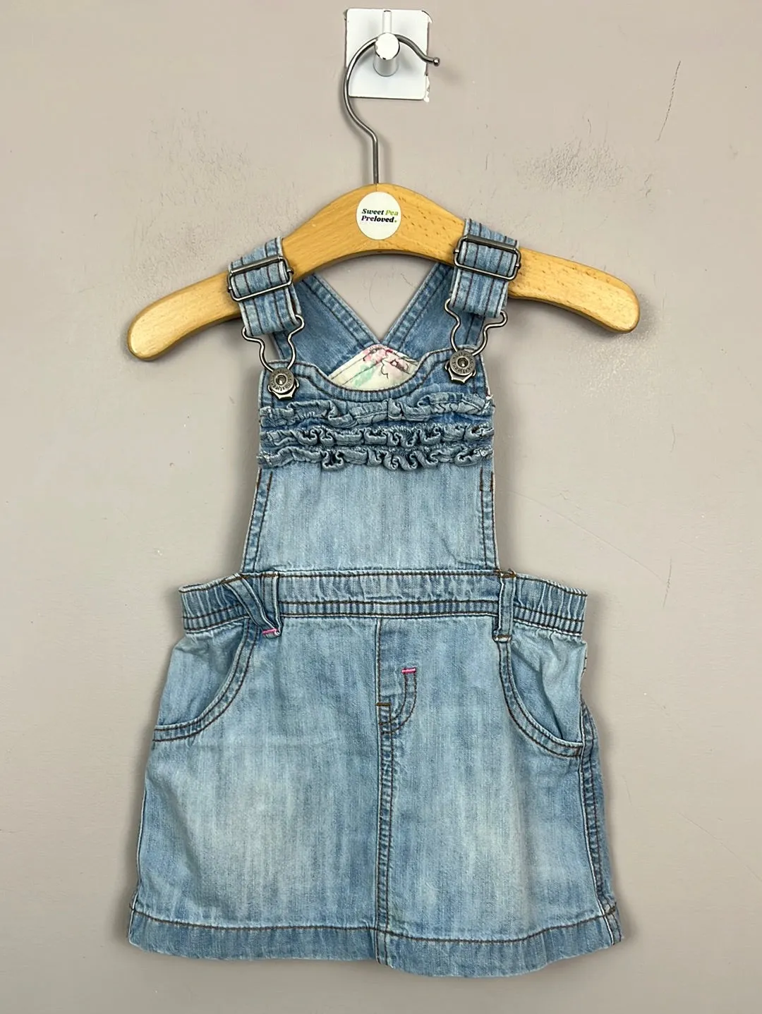 Next ruffle denim dungaree dress 9-12m