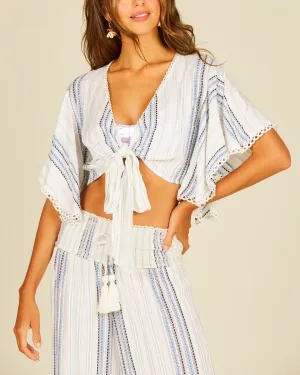 Ombre Stripe V Neck Short Bell Sleeve Tie Front  Crop Top