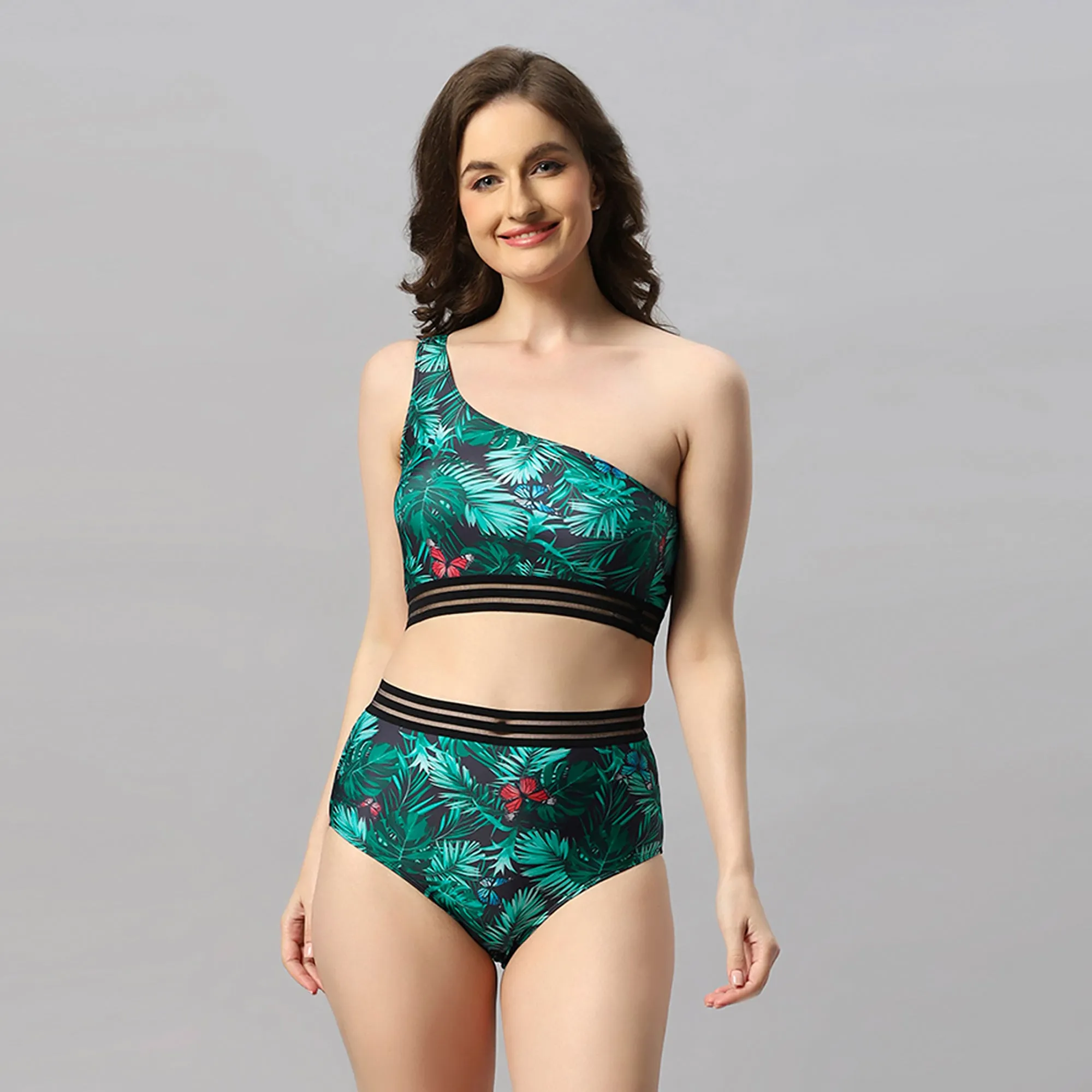 One-shoulder Tropical Print Bikini Set Swimsuit