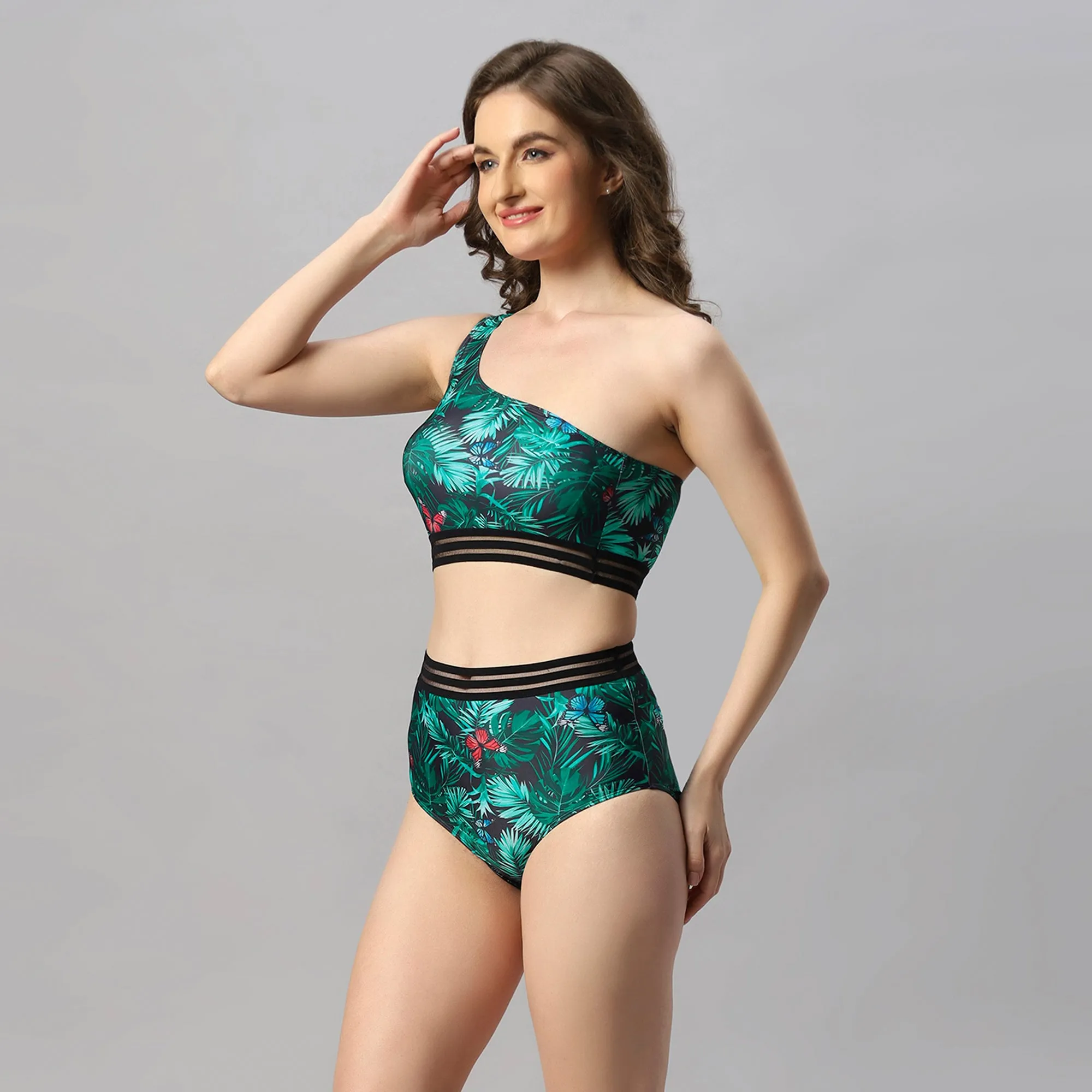 One-shoulder Tropical Print Bikini Set Swimsuit