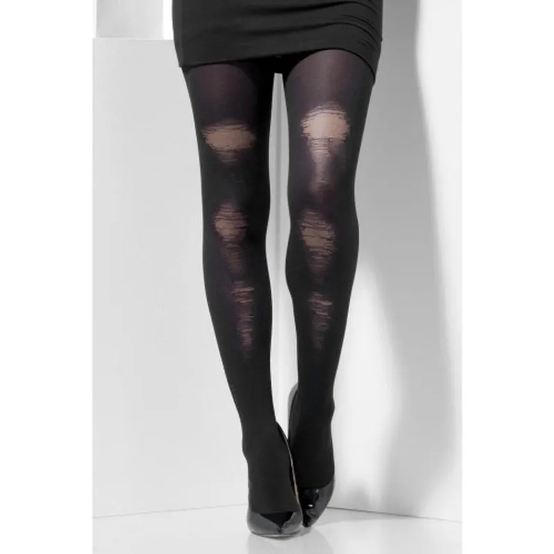 Opaque Tights - Black, with Distressed Detail